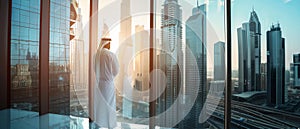 An Arab, Saudi or Emirati businessman in traditional white kandura stands at the front of his office looking out at a