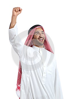 Arab saudi man euphoric raising arm photo