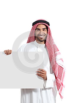 Arab saudi promoter man holding a blank horizontal sign photo