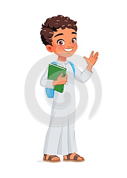 Arab school boy greeting. Cartoon vector illustration.