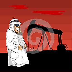 Arab Sheikh with an oil pump behind him