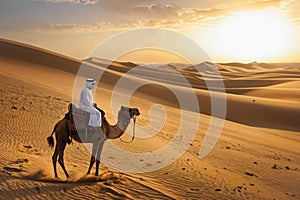 An Arab sits on a camel and looks at the sunrise. An Arab herdsman sits in the desert looking to the west