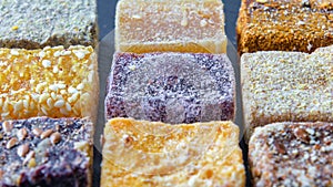 Arab sweets background. Assorted turkish delight candies.