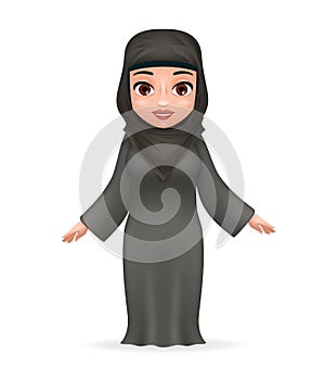 Arab tradidcional cute female clothing hijab abaya 3d cartoon character design vector illustration photo
