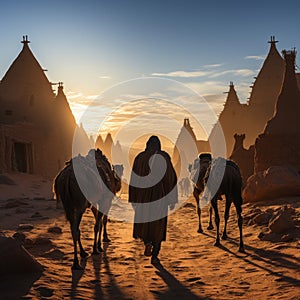 Arab travelers in the desert riding camels and horses with realistic and beautiful backgrounds