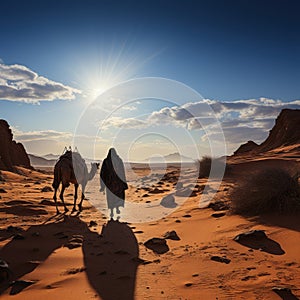 Arab travelers in the desert riding camels and horses with realistic and beautiful backgrounds