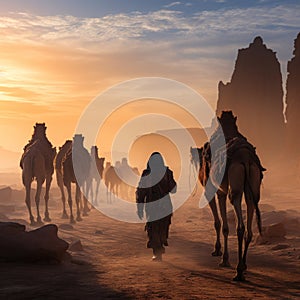 Arab travelers in the desert riding camels and horses with realistic and beautiful backgrounds