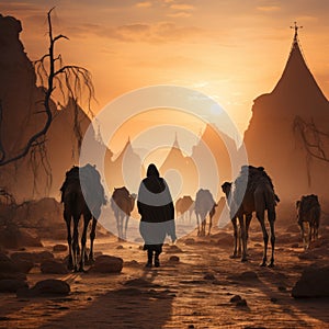 Arab travelers in the desert riding camels and horses with realistic and beautiful backgrounds