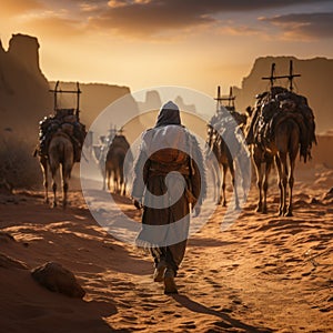 Arab travelers in the desert riding camels and horses with realistic and beautiful backgrounds