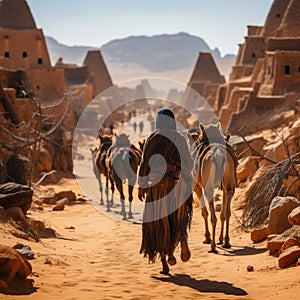 Arab travelers in the desert riding camels and horses with realistic and beautiful backgrounds