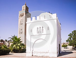 Arab white booth next to the Koutoubia mosque is the iconic monument of Marrakech is located next to the Jemaa el Fna square