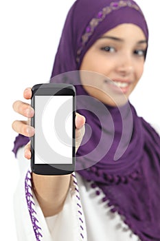 Arab woman displaying an app blank smart phone screen photo