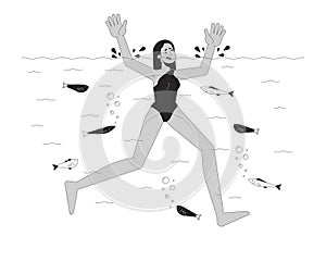 Arab woman drowning in river black and white cartoon flat illustration