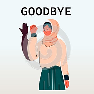 arab woman with hearing aid disabled girl using sign language showing goodbye gesture hearing disability concept