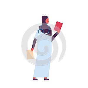 Arab woman holding clipboard medical doctor stethoscope profile icon healthcare concept arabic female character full
