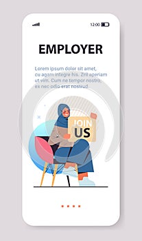 Arab woman hr manager holding join us poster vacancy open recruitment human resources concept