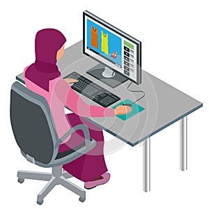 Arab woman, Muslim woman, asian woman working in office with computer. Attractive female Arabic corporate worker. Vector