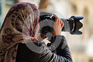 arab woman photographer in a headscarf shooting with a professional camera