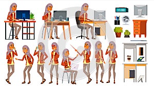 Arab Woman Set Office Worker Vector. Woman. Hijab. Ghutra. Arab, Muslim. Poses. Face Emotions, Various Gestures. Set