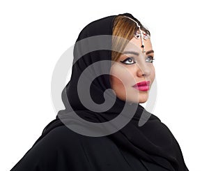 Arab woman wearing head jewelry isolated on white