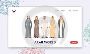 Arab World Landing Page Template. Arabic Male and Female Characters, Saudi Men Wear Thawb or Kandura and Women in Hijab