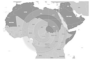 Arab World states political map with higlighted 22 arabic-speaking countries of the Arab League. Northern Africa