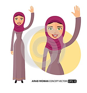 Arab young business woman waving her hand happy character cartoon flat vector isolated on white