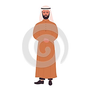 Arab young man with beard and traditional Muslim clothes standing