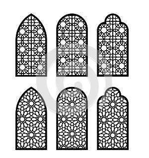 Arabesque arch window or door set. Cnc pattern, laser cutting, vector template set for wall decor, hanging, stencil