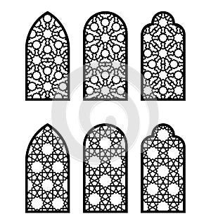 Arabesque arch window or door set. Cnc pattern, laser cutting, vector template set for wall decor, stencil, engraving