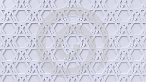 Arabesque looping geometric pattern. White islamic 3d motif. Arabic oriental animated background. Muslim wallpaper.