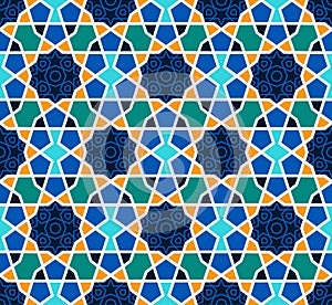 Arabesque seamless pattern with stars on blue
