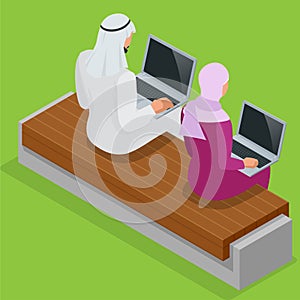 Arabian business man working on Laptop. Arab businesswoman hijab working at a laptop. Vector flat 3d isometric