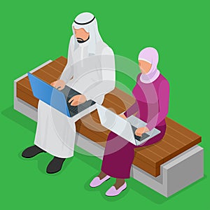 Arabian business man working on Laptop. Arab businesswoman hijab working at a laptop. Vector flat 3d isometric