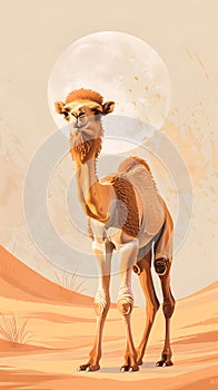 Arabian camel as a working animal in a moonlit desert landscape