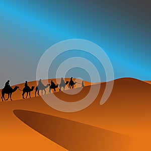Arabian camel caravan in the desert landscape illustration