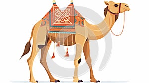 The Arabian camel is a domestic bedoin animal from the desert. It stands on its hump with fabric decorations attached to