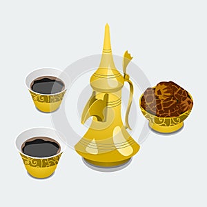 Arabian Coffee and Dates in a Bowl Vector Illustration