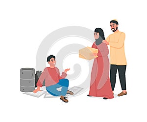Arabian couple help homeless man flat color vector faceless character