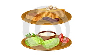 Arabian cuisine dishes set. Dolma and baklava vector illustration