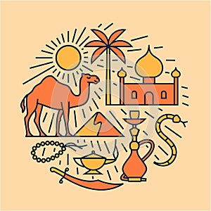 Arabian desert, vector outline illustration, icon set, travel background
