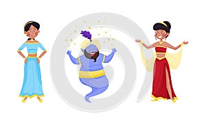 Arabian Fairy Tale Character with Arab Woman Dressed in Fancy Apparel and Jinn from Lamp Vector Set