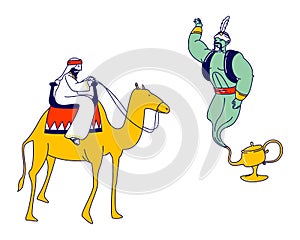 Arabian Fairytale, Fantasy Story Telling Concept. Arabic Merchant or Drover Isolated Character Riding on Camel photo