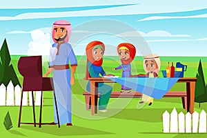 Arabian family barbecue picnic vector illustration