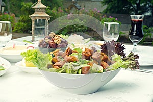 Arabian food of fattoush, dates, jalab served in Ramadan