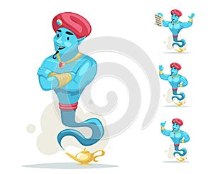 Arabian genie turban magic lamp smoke cartoon characters set wish vector illustration photo