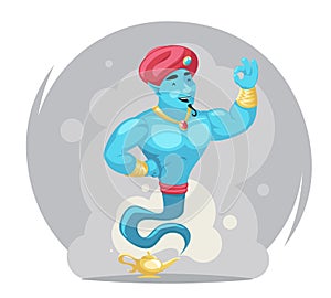 Arabian genie turban magic lamp smoke cartoon characters set wish vector illustration