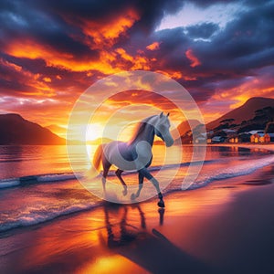 Arabian horse trots along beautiful beach at sunset