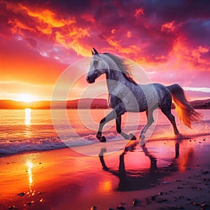 Arabian horse trots along beautiful beach at sunset