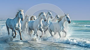 Arabian horses gallop in surf
